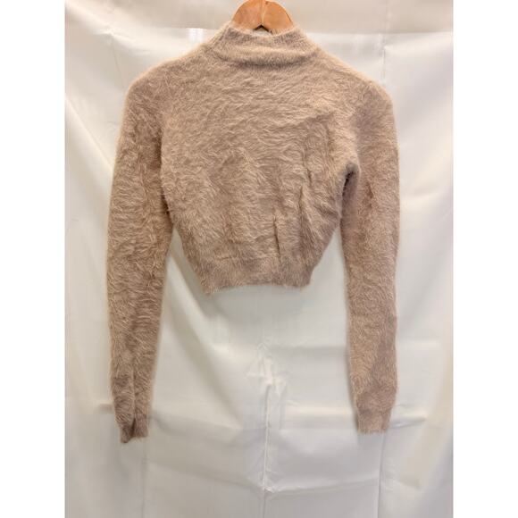 Meshki Tan Fuzzy Cropped Sweater Small Cozy Fall Winter - Picture 2 of 3